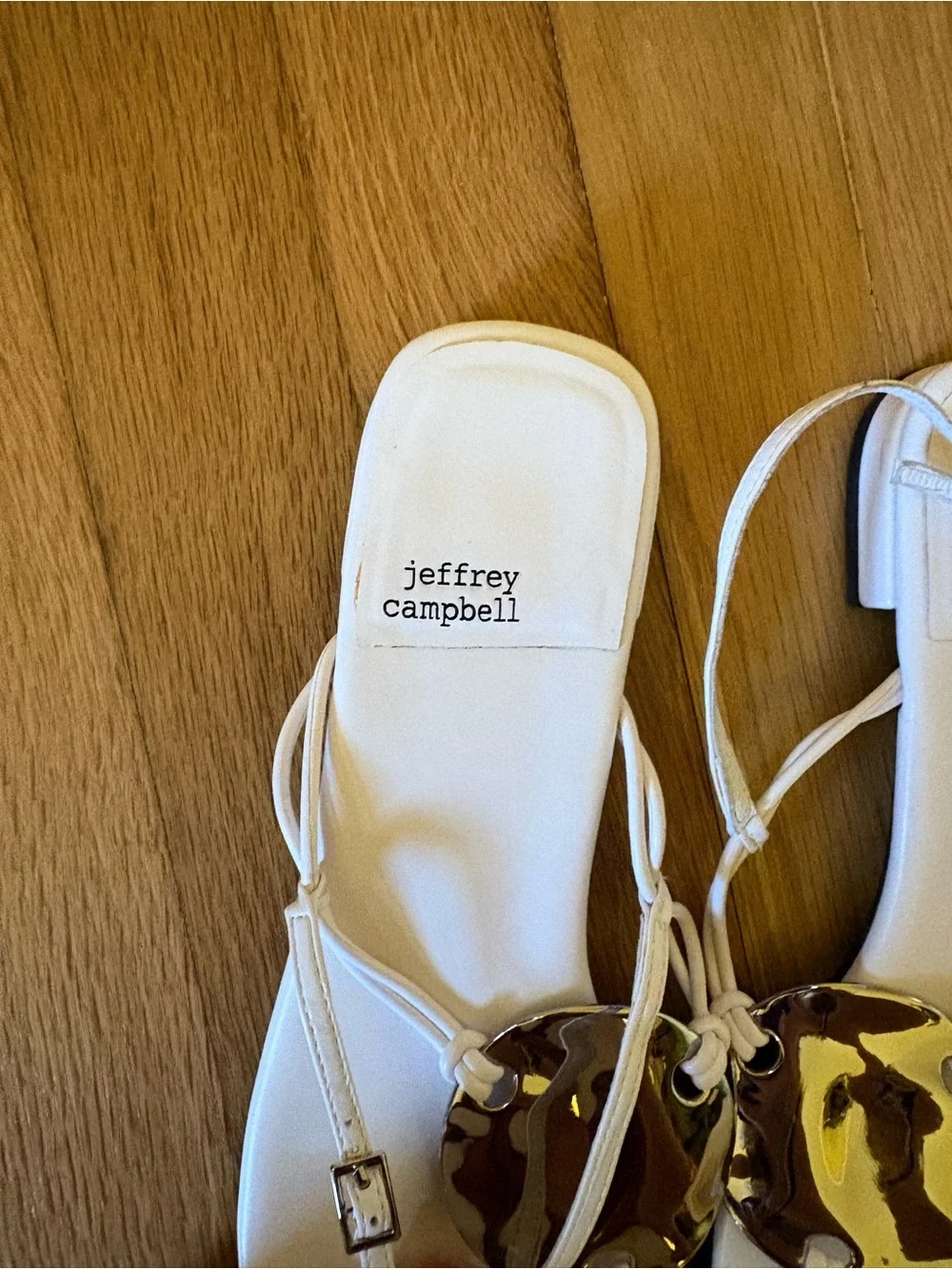 Jeffrey Campbell White Strappy Sandals with Silver Discs